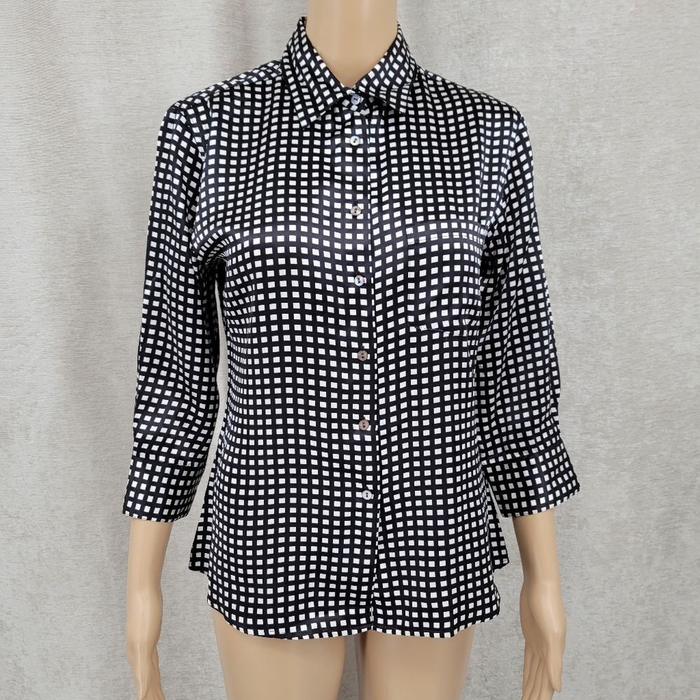 Tracy M Black and White Check Square Silk Blouse Women's Size Small